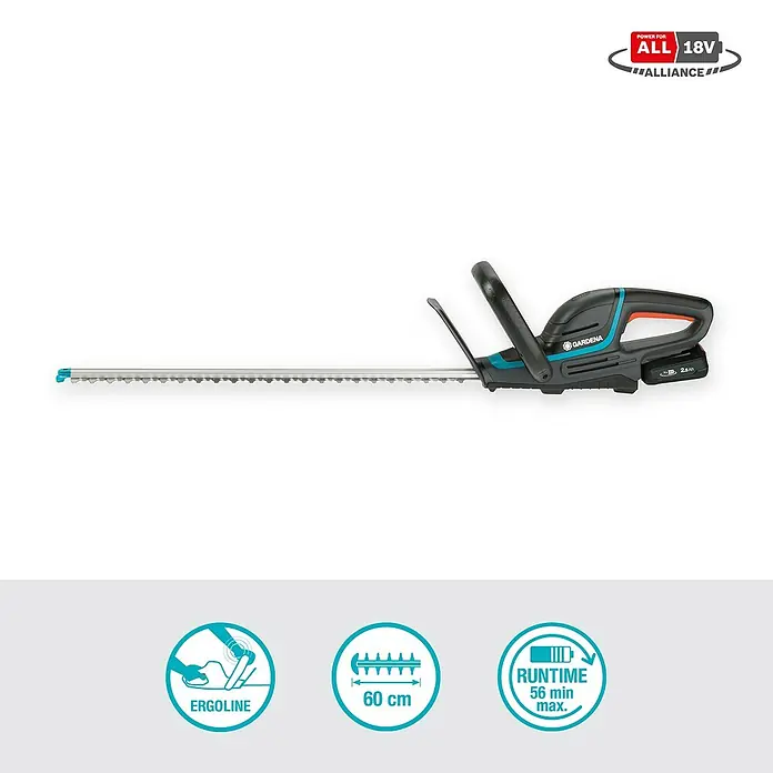 Gardena Power for All 18V Akku-Heckenschere ComfortCut 60 - 18 V, Li-Ionen, 1 Akku, Schwertlänge: 60 cm - Akkubetriebene Heckenschere von Gardena, ideal zum Trimmen von Hecken. Das Gerät ist ergonomisch geformt und einfach zu bedienen.