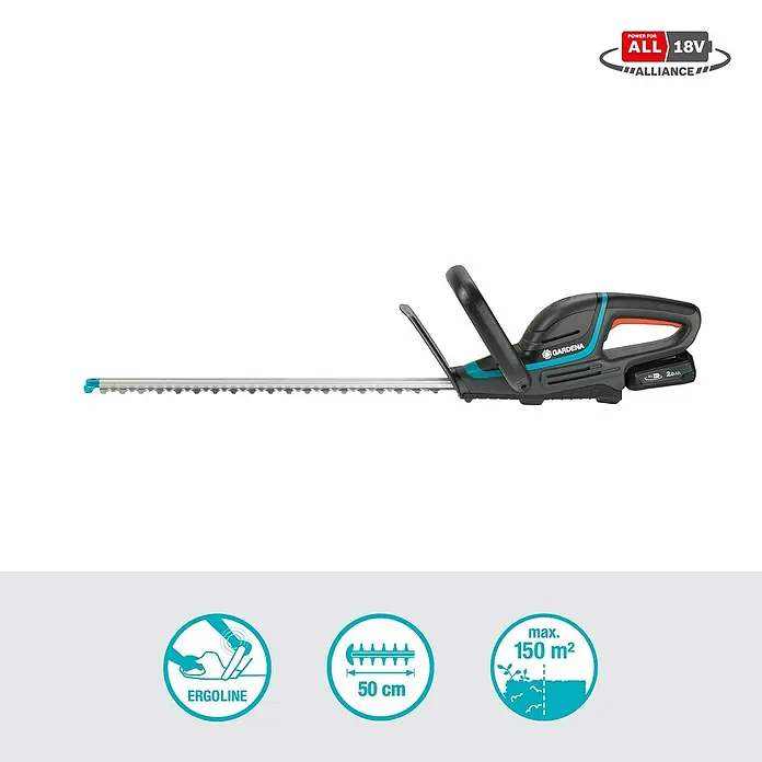 Gardena Power for All 18V Akku-Heckenschere ComfortCut 50 - 18 V, Li-Ionen, 1 Akku, Schwertlänge: 50 cm - Abbildung der Gardena Akku-Heckenschere für den mühelosen Gartenschnitt, kabellos und mit hoher Reichweite.