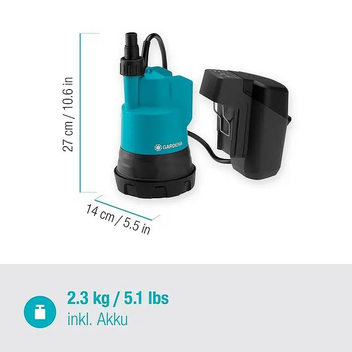 Gardena Power for All 18V Akku-Klarwasserpumpe - 18 V, 1 Akku, Max. Fördermenge: 2.000 l/h - Abgebildet ist eine GARDENA Akku-Tauchpumpe 2000/2 Li-18, die durch ihre kompakte Bauweise und den Akkubetrieb Flexibilität bietet.