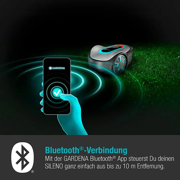 Gardena Mähroboter Sileno minimo 500 - 500 m², Schnittbreite: 16 cm, Induktionsgestützte Navigation, Begrenzungskabel - Das Bild zeigt einen Gardena Sileno Mähroboter, der über eine Bluetooth-Verbindung mit einem Smartphone gesteuert wird.