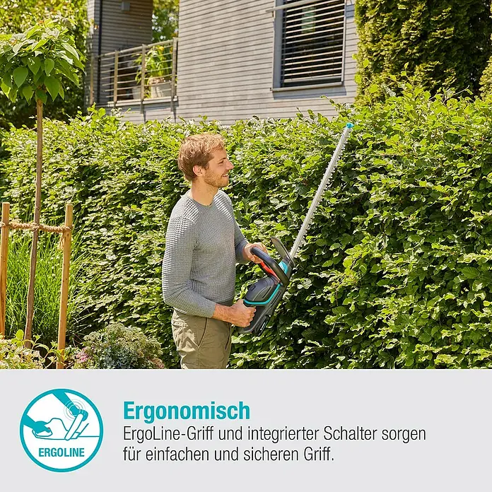 Gardena Power for All 18V Akku-Heckenschere ComfortCut 60 - 18 V, Li-Ionen, 1 Akku, Schwertlänge: 60 cm - Ein Mann benutzt eine GARDENA Akku-Heckenschere, um eine Hecke zu schneiden. Das ergonomische Design sorgt für sicheren Halt.