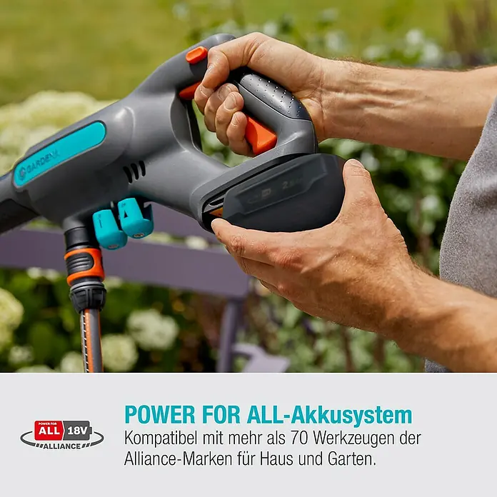 Gardena Power for All 18V Akku-Druckreiniger AquaClean 24/18V PR - 18 V, 1 Akku, 2,5 Ah - Nahaufnahme eines Gardena-Geräts mit Akku. Das vielseitige Akkusystem POWER FOR ALL ist mit über 70 Werkzeugen kompatibel.