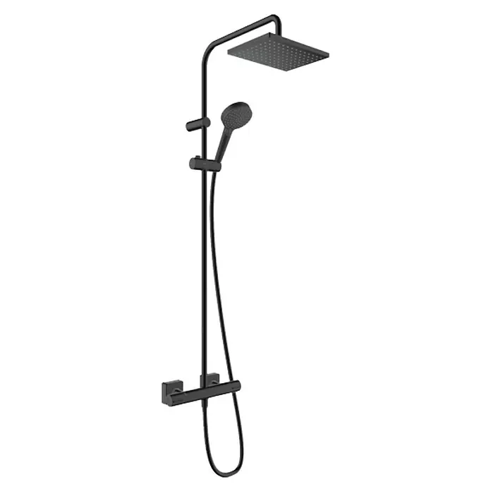 Hansgrohe Vernis Shape Duschsystem 230 - Durchflussmenge: 9 l/min, Schwarz - Schwarze Duschgarnitur mit quadratischem Regenduschkopf und Handbrause für ein modernes Badezimmerdesign.