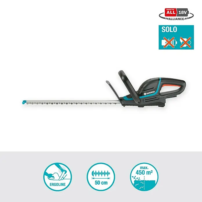 Gardena Power for All 18V Akku-Heckenschere EasyCut - 18 V, Li-Ionen, Ohne Akku - Bild einer GARDENA Akku-Heckenschere für präzise und kabellose Gartenarbeit. Ideal für Hecken bis 50 cm Breite und Flächen bis 450 m².