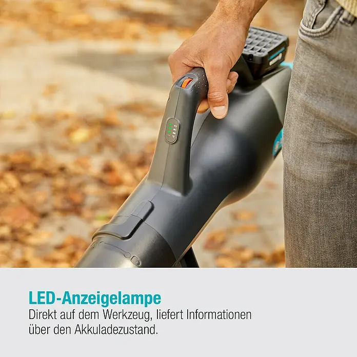 Gardena Power for All 18V Akku-Laubbläser - 18 V, Li-Ionen, Ohne Akku, Blasgeschwindigkeit: 100 km/h - Aufsicht auf einen Laubbläser mit LED-Anzeige, die den Akkuladezustand direkt am Gerät anzeigt, für eine einfache Überwachung.