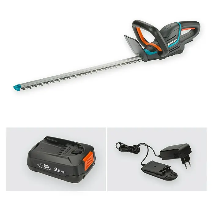 Gardena Power for All 18V Akku-Heckenschere ComfortCut 60 - 18 V, Li-Ionen, 1 Akku, Schwertlänge: 60 cm - Abbildung einer Gardena Akku-Heckenschere mit Akku und Ladegerät.