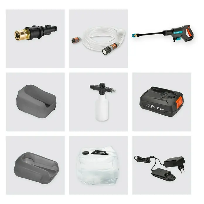 Gardena Power for All 18V Akku-Druckreiniger AquaClean 24/18V PR - 18 V, 1 Akku, 2,5 Ah - Bild von Hochdruckreiniger Zubehörteilen, inklusive Adapter, Schlauch, Düse, Behälter, Akku und Ladegerät.