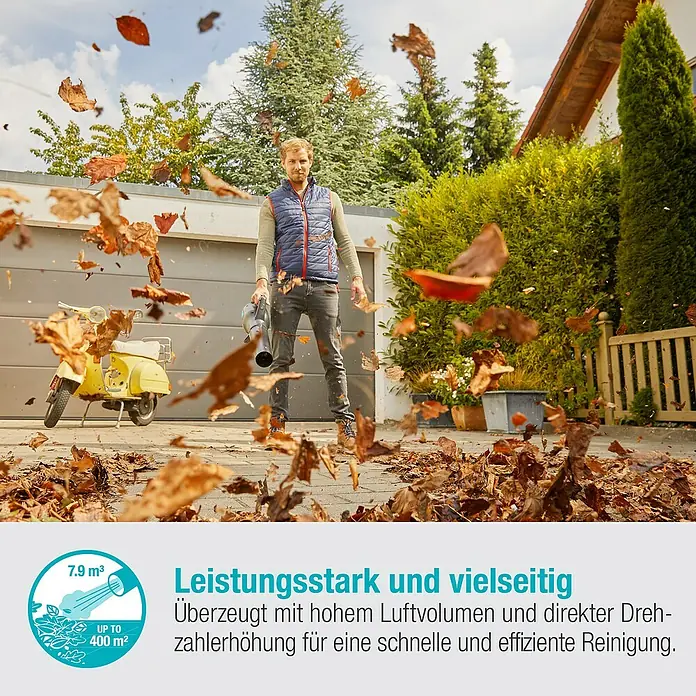 Gardena Power for All 18V Akku-Laubbläser - 18 V, Li-Ionen, 1 Akku, Blasgeschwindigkeit: 100 km/h - Ein Mann benutzt einen Laubbläser, um Blätter zu entfernen. Leistungsstark und vielseitig für eine schnelle und effiziente Reinigung.