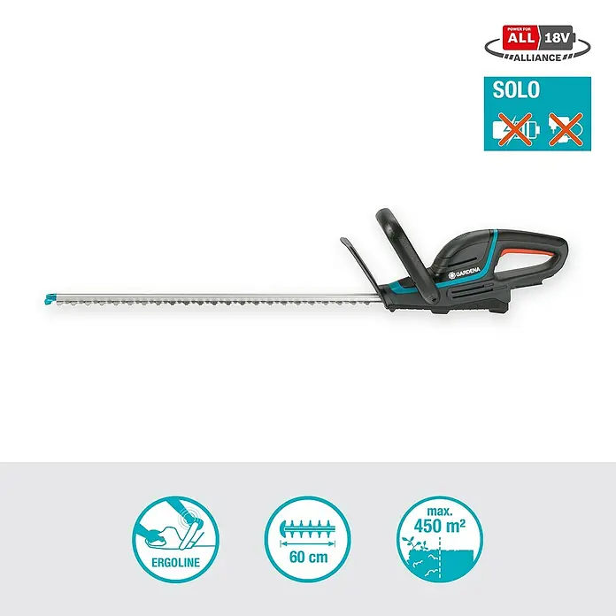 Gardena Power for All 18V Akku-Heckenschere ComfortCut 60 - 18 V, Li-Ionen, Ohne Akku, Schwertlänge: 60 cm - Bild einer Gardena Akku-Heckenschere SOLO mit einer Schnittlänge von 60 cm und ergonomischem Design für komfortables Arbeiten.