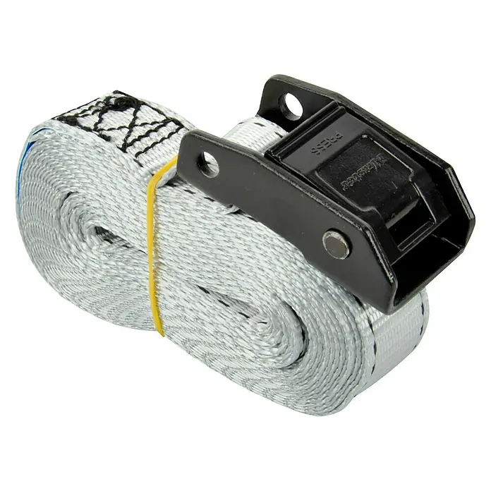 Zurrgurt - 5 m x 25 mm - Ein aufgerolltes Zurrband mit einem schwarzen Spannschloss, ideal zum Sichern von Lasten beim Transport.