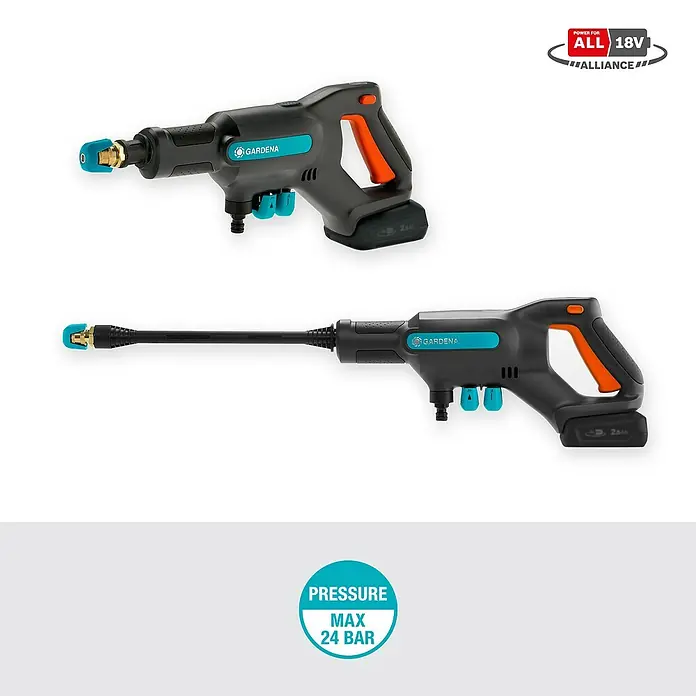 Gardena Power for All 18V Akku-Druckreiniger AquaClean 24/18V PR - 18 V, 1 Akku, 2,5 Ah - Gardena Akku-Hochdruckreiniger: Kompakt und leistungsstark für flexible Reinigungsarbeiten im Garten. Ideal für unterwegs, dank Akku-Betrieb.