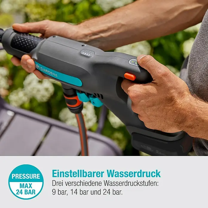 Gardena Power for All 18V Akku-Druckreiniger AquaClean 24/18V PR - 18 V, 1 Akku, 2,5 Ah - Nahaufnahme einer Gardena-Pistole mit einstellbarem Wasserdruck, ideal für Gartenarbeiten. Maximaler Druck: 24 Bar.