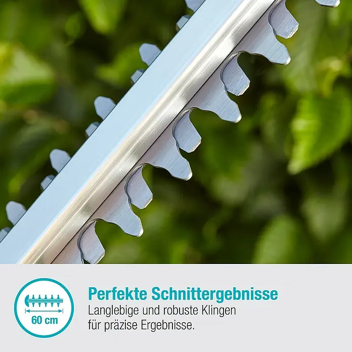 Gardena Power for All 18V Akku-Heckenschere ComfortCut 60 - 18 V, Li-Ionen, 1 Akku, Schwertlänge: 60 cm - Nahaufnahme der scharfen Klingen einer Heckenschere für präzise und saubere Schnitte im Garten.