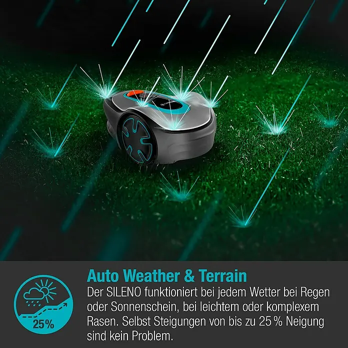 Gardena Mähroboter Sileno minimo 500 - 500 m², Schnittbreite: 16 cm, Induktionsgestützte Navigation, Begrenzungskabel - Der Gardena SILENO Mähroboter trotzt jedem Wetter. Er mäht zuverlässig bei Regen und Sonnenschein, selbst Steigungen bis 25 % sind kein Problem.