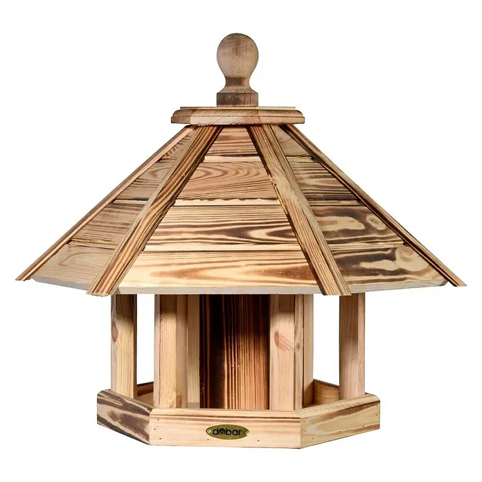 Dobar Vogelfutterhaus Brillo - L x B x H: 45 x 45 x 47 cm, Braun, Holz - Holz-Vogelhaus mit sechseckigem Dach und "debar"-Logo auf der Vorderseite. Ideal für den Garten.
