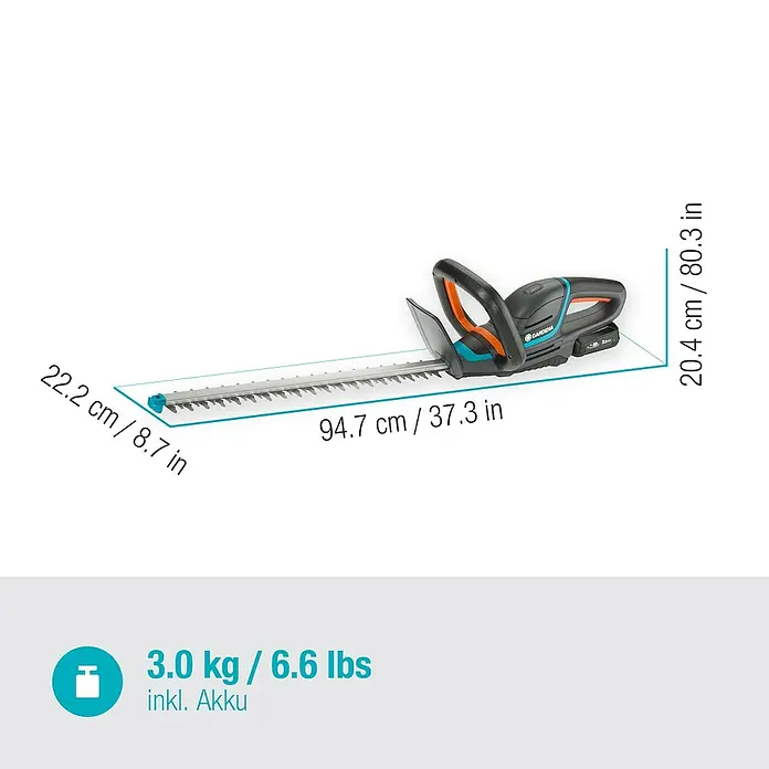 Gardena Power for All 18V Akku-Heckenschere ComfortCut 50 - 18 V, Li-Ionen, 1 Akku, Schwertlänge: 50 cm - Abbildung einer Gardena Akku-Heckenschere mit Maßangaben zu Länge, Höhe und Gewicht.