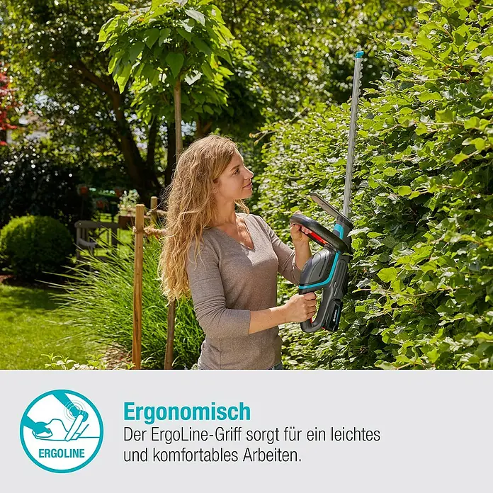 Gardena Power for All 18V Akku-Heckenschere ComfortCut 50 - 18 V, Li-Ionen, 1 Akku, Schwertlänge: 50 cm - Frau benutzt eine Gardena Akku-Teleskop Heckenschere zur Gartenarbeit.