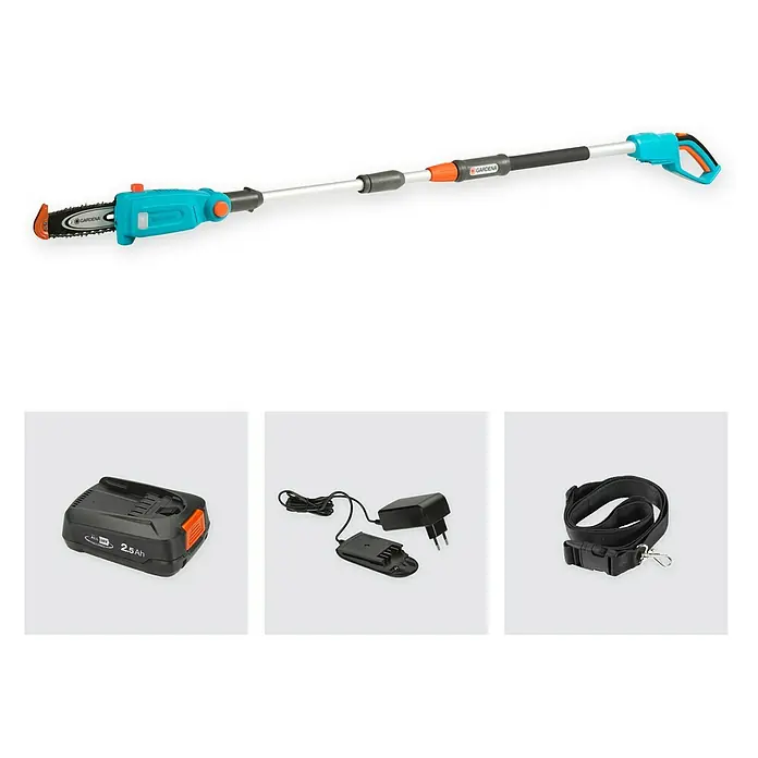 Gardena Power for All 18V Akku-Hochentaster - 18 V, 1 Akku, Schwertlänge: 20 cm - Das Bild zeigt eine Gardena Akku-Hochentaster, einen Akku, ein Ladegerät und einen Tragegurt. Ideal für Baumpflegearbeiten in großer Höhe.