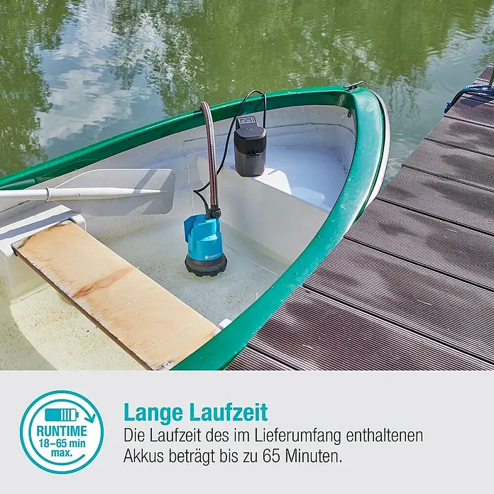 Gardena Power for All 18V Akku-Klarwasserpumpe - 18 V, 1 Akku, Max. Fördermenge: 2.000 l/h - Eine Gardena Akku-Tauchpumpe in einem Boot, umgeben von Wasser und einem Holzsteg.
