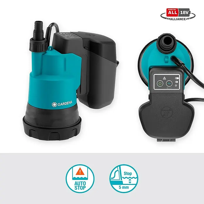 Gardena Power for All 18V Akku-Klarwasserpumpe - 18 V, 1 Akku, Max. Fördermenge: 2.000 l/h - GARDENA Akku-Schmutzwasser-Tauchpumpe mit innovativer Technologie für effiziente Entwässerung und zuverlässigen Betrieb.