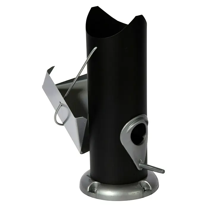 Dobar Futtersäule - 11 x 11 x 23 cm, Metall, Schwarz/Silber - Nahaufnahme eines modernen, schwarzen Vogelfutterhäuschens mit silbernen Akzenten.