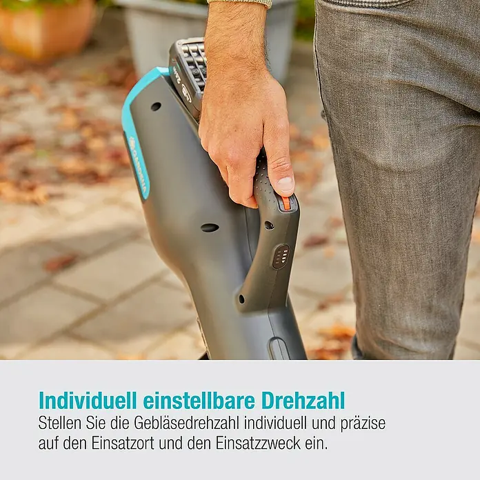 Gardena Power for All 18V Akku-Laubbläser - 18 V, Li-Ionen, 1 Akku, Blasgeschwindigkeit: 100 km/h - Akku-Laubbläser mit variabler Drehzahl für präzise Anpassung an jeden Einsatzort.