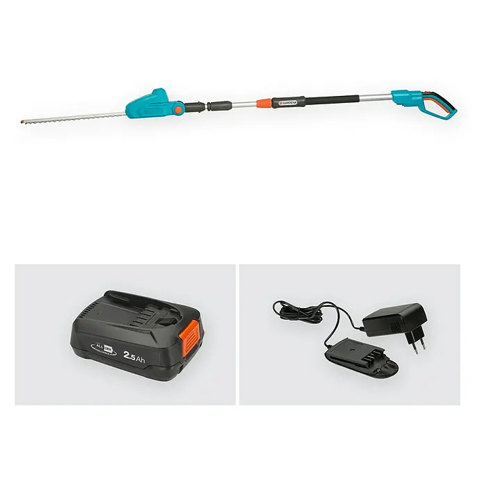 Gardena Power for All 18V Teleskop-Heckenschere - 18 V, 1 Akku, Schwertlänge: 42 cm - Das Bild zeigt eine Gardena Akku-Teleskop Heckenschere, einen Akku und ein Ladegerät. Die Heckenschere ist blau und schwarz.