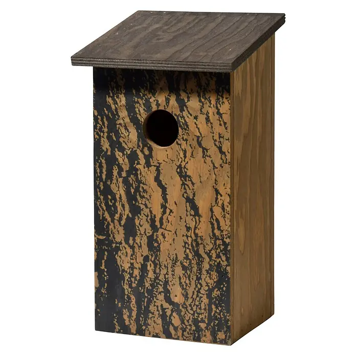Dobar Nistkasten - L x B x H: 15,5 x 14,5 x 30 cm, Braun, Holz - Das Foto zeigt ein hölzernes Vogelhaus mit einem Loch in der Mitte und einem schrägen Dach, ideal für den Garten.