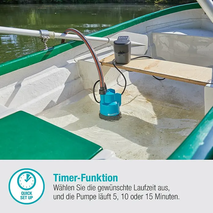 Gardena Power for All 18V Akku-Klarwasserpumpe - 18 V, 1 Akku, Max. Fördermenge: 2.000 l/h - Die Gardena Schmutzwasser-Tauchpumpe im Boot. Ideal zum Auspumpen von Wasser, mit Timer-Funktion für individuelle Laufzeiten.