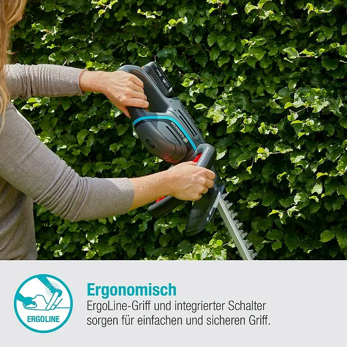 Gardena Power for All 18V Akku-Heckenschere ComfortCut 50 - 18 V, Li-Ionen, Ohne Akku, Schwertlänge: 50 cm - Akkubetriebene Gardena Heckenschere mit ergonomischem Griff für komfortables und sicheres Trimmen von Hecken.