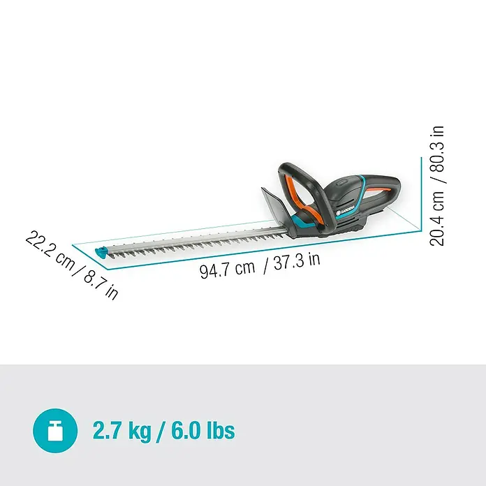 Gardena Power for All 18V Akku-Heckenschere ComfortCut 50 - 18 V, Li-Ionen, Ohne Akku, Schwertlänge: 50 cm - Abbildung einer Gardena Akku-Heckenschere mit Abmessungen und Gewicht.