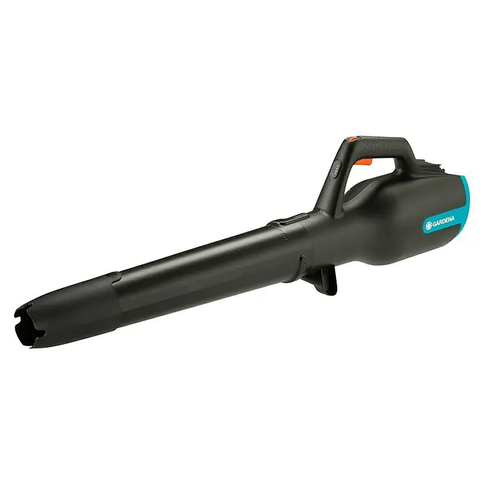 Gardena Power for All 18V Akku-Laubbläser - 18 V, Li-Ionen, Ohne Akku, Blasgeschwindigkeit: 100 km/h - Abbildung eines Gardena Akku-Laubbläsers. Der Laubbläser ist schwarz mit türkisen Akzenten und hat einen ergonomischen Griff für einfache Bedienung.