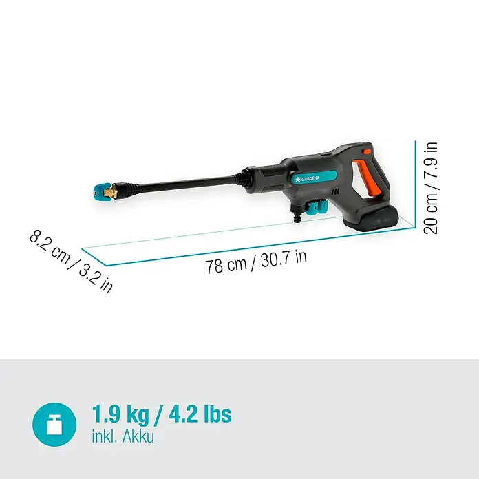 Gardena Power for All 18V Akku-Druckreiniger AquaClean 24/18V PR - 18 V, 1 Akku, 2,5 Ah - Abbildung einer GARDENA Akku-Druckreinigers mit Maßangaben und Gewichtsinformationen.