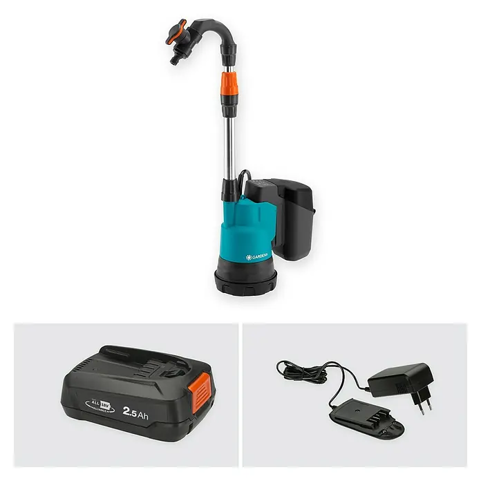 Gardena Power for All 18V Akku-Regenfasspumpe - 18 V, 1 Akku, Max. Fördermenge: 2.000 l/h - Die Gardena Akku-Tauchpumpe 2000/2 Li-18 mit Akku, Ladegerät und Zubehör für den flexiblen Einsatz im Garten und rund ums Haus.