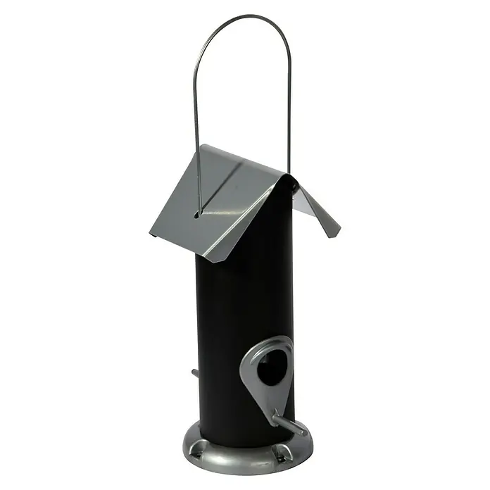 Dobar Futtersäule - 11 x 11 x 23 cm, Metall, Schwarz/Silber - Ein eleganter, schwarzer Vogelfutterspender mit silbernem Dach und Aufhängebügel für den Garten oder Balkon. Ideal für Wildvögel.