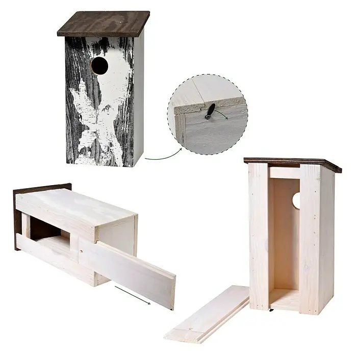 Dobar Nistkasten Betula pendula - L x B x H: 15,5 x 14,5 x 30 cm, Weiß, Holz - Ein detailliertes Bild, das verschiedene Ansichten eines Holznistkastens zeigt, darunter eine Nahaufnahme der Montage.