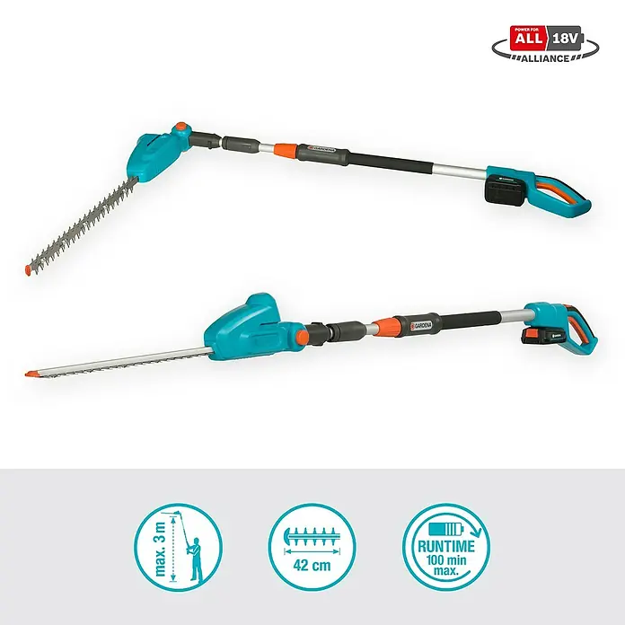 Gardena Power for All 18V Teleskop-Heckenschere - 18 V, 1 Akku, Schwertlänge: 42 cm - Abbildung einer Gardena Akku-Teleskop-Heckenschere mit den Produkteigenschaften und der maximalen Reichweite.