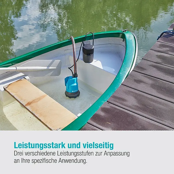 Gardena Power for All 18V Akku-Klarwasserpumpe - 18 V, 1 Akku, Max. Fördermenge: 2.000 l/h - GARDENA Akku-Tauchpumpe in einem Boot. Sie ist leistungsstark und vielseitig für unterschiedliche Anwendungen.
