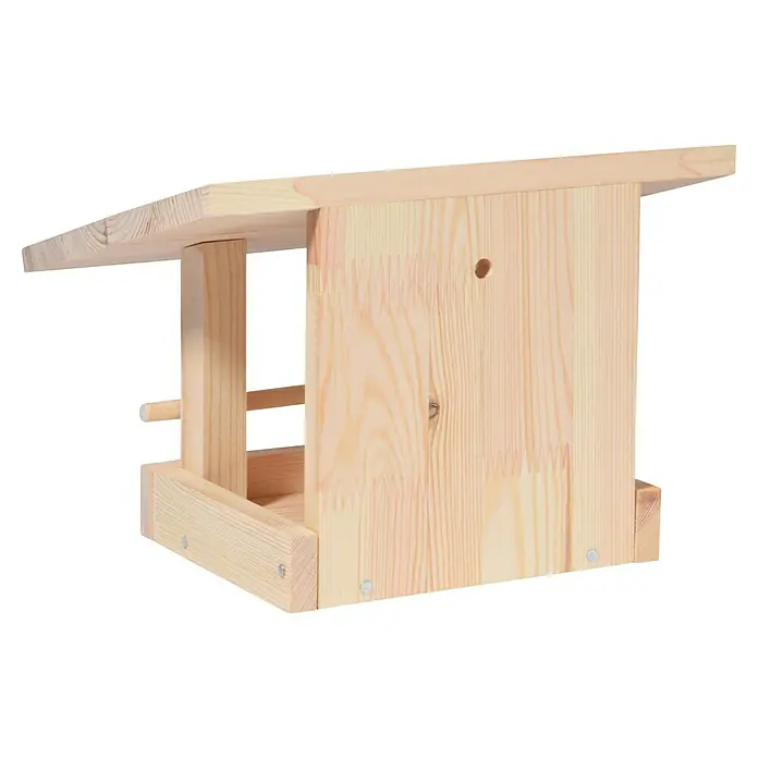 Dobar Vogelhaus Bausatz - 22,5 x 18 x 16 cm, Holz, Natur - Detailaufnahme eines hölzernen Vogelhauses mit Futterplatz, das einladend und naturnah wirkt. Perfekt für Gartenliebhaber!