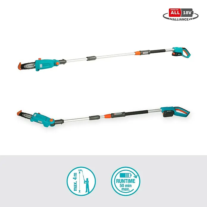 Gardena Power for All 18V Akku-Hochentaster - 18 V, 1 Akku, Schwertlänge: 20 cm - Abbildung einer Gardena Akku-Hochentaster, mit teleskopierbarem Stiel und Kettensäge für Baumpflege.