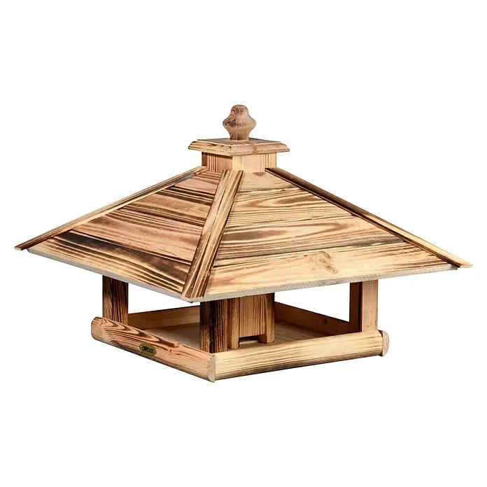 Dobar Vogelfutterhaus Lumbre - L x B x H: 50 x 50 x 36 cm, Braun, Holz - Hölzernes Vogelhaus mit einem pyramidenförmigen Dach und einem dekorativen Knauf auf der Spitze. Das Vogelhaus ist rustikal und attraktiv.