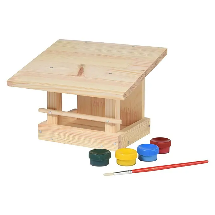 Dobar Vogelhaus Bausatz - 22,5 x 18 x 16 cm, Holz, Natur - Dieses Bild zeigt ein unbehandeltes Holz-Vogelhaus zum Bemalen, zusammen mit Farbe und einem Pinsel. Ideal für kreative Vogel-Liebhaber!