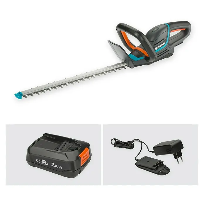 Gardena Power for All 18V Akku-Heckenschere ComfortCut 50 - 18 V, Li-Ionen, 1 Akku, Schwertlänge: 50 cm - Abbildung einer Gardena Akku-Heckenschere mit Akku und Ladegerät.
