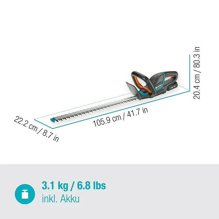 Gardena Power for All 18V Akku-Heckenschere ComfortCut 60 - 18 V, Li-Ionen, 1 Akku, Schwertlänge: 60 cm - Abbildung der Gardena Akku-Heckenschere mit Maßangaben zu Länge, Höhe und Gewicht.