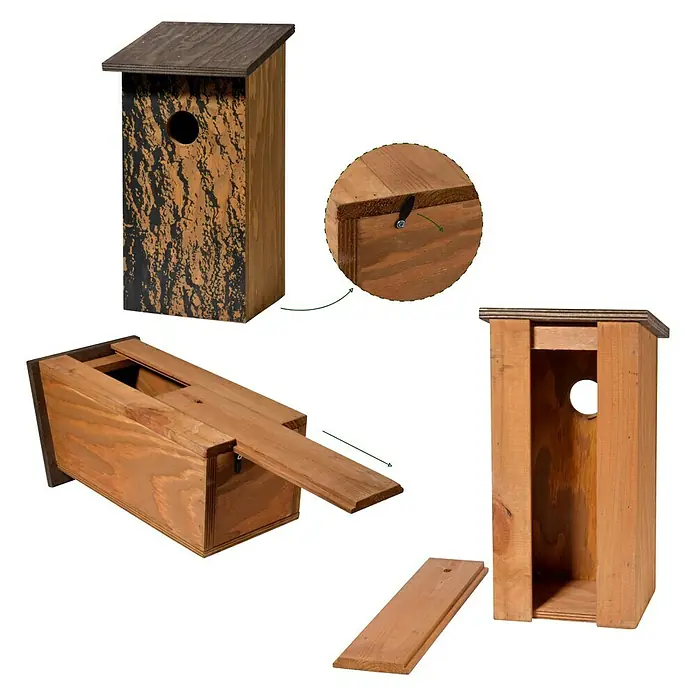 Dobar Nistkasten - L x B x H: 15,5 x 14,5 x 30 cm, Braun, Holz - Ansichten eines Vogelhauses, das die einfache Konstruktion mit abnehmbarem Boden zur Reinigung zeigt.