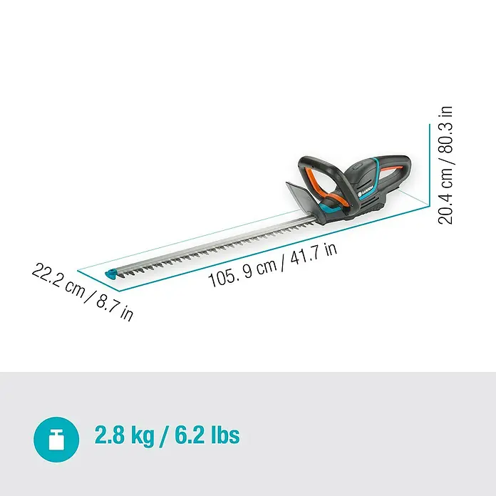 Gardena Power for All 18V Akku-Heckenschere ComfortCut 60 - 18 V, Li-Ionen, Ohne Akku, Schwertlänge: 60 cm - Abbildung einer Gardena Akku-Heckenschere mit Maßangaben zu Länge, Höhe und Gewicht.