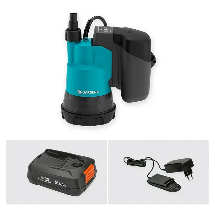 Gardena Power for All 18V Akku-Klarwasserpumpe - 18 V, 1 Akku, Max. Fördermenge: 2.000 l/h - Das Bild zeigt eine Gardena Akku-Tauchpumpe mit Akku und Ladegerät. Die Pumpe ist blau und schwarz.