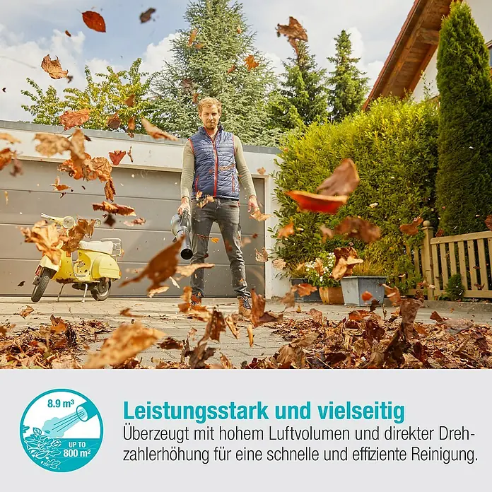 Gardena Power for All 18V Akku-Laubbläser - 18 V, Li-Ionen, Ohne Akku, Blasgeschwindigkeit: 100 km/h - Leistungsstarker Laubbläser im Einsatz, ideal für die schnelle und effiziente Reinigung großer Flächen.