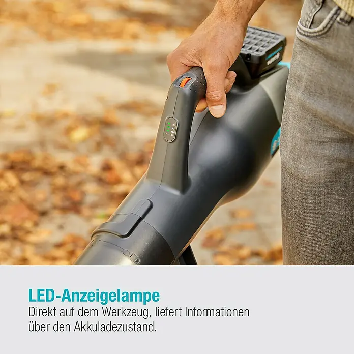 Gardena Power for All 18V Akku-Laubbläser - 18 V, Li-Ionen, 1 Akku, Blasgeschwindigkeit: 100 km/h - Der Akku-Laubbläser mit LED-Anzeige informiert direkt über den aktuellen Ladestand. Praktisch und effizient für jeden Garten!