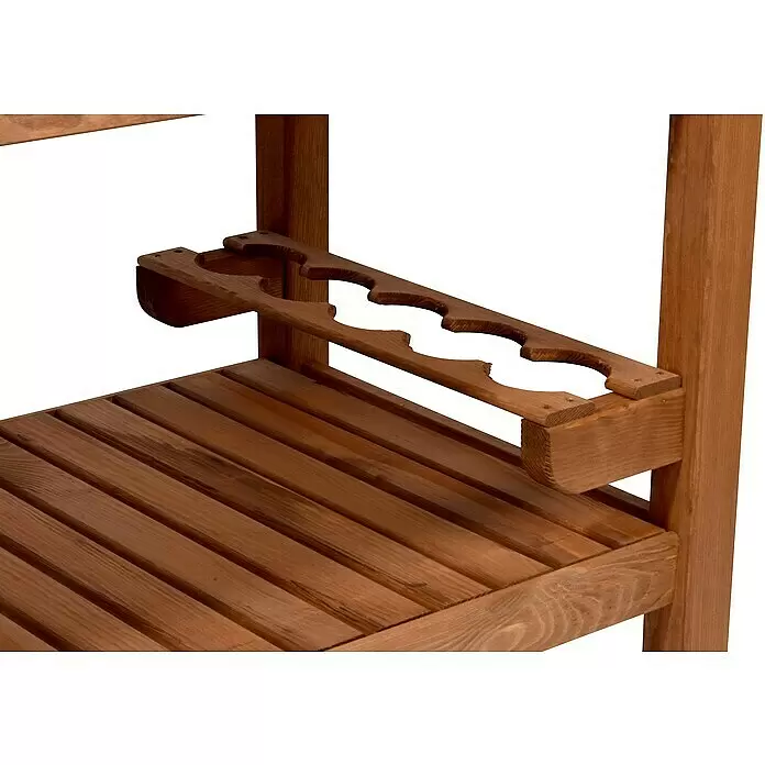 Dobar Beistellwagen - L x B x H: 94 x 58 x 90 cm, Braun - Braunes Holzregal mit Lattenrost und einer Halterung mit vier runden Aussparungen, vermutlich für Werkzeuge oder Flaschen.